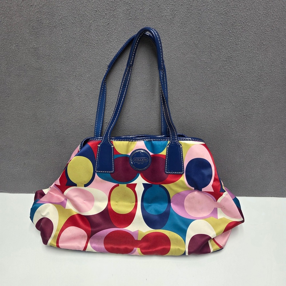 Coach F15662 Signature Scarf Print Satin Kisslock Carryall Tote Y2K Purse Bag